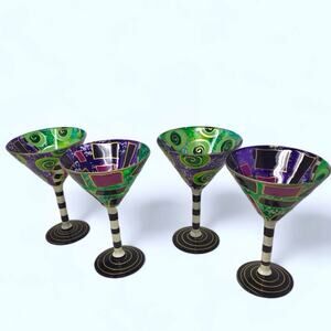 Festive 4 Martini Glasses Hand Painted  Colorful Avant Garde Art Deco 50s